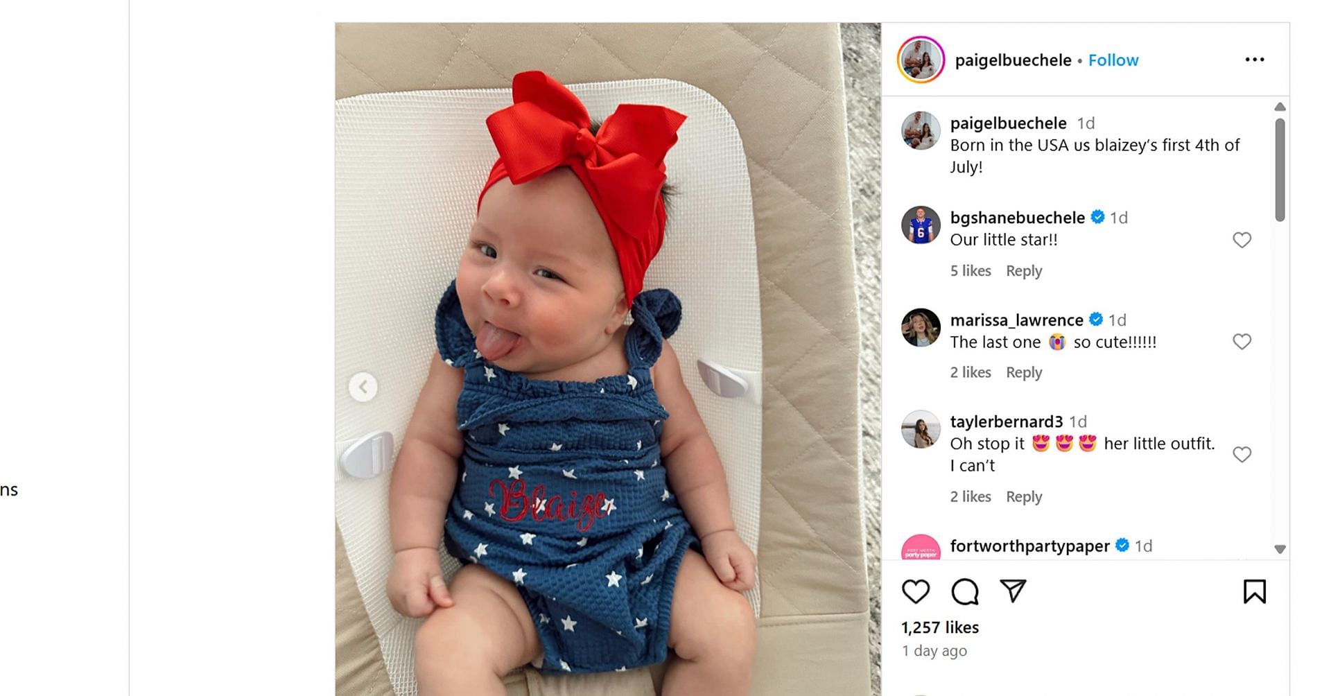 Shane Buechele andTrevor Lawrence’s wife, Marissa, comment on Paige's post (Image Source: Instagram/@paigelbuechele)